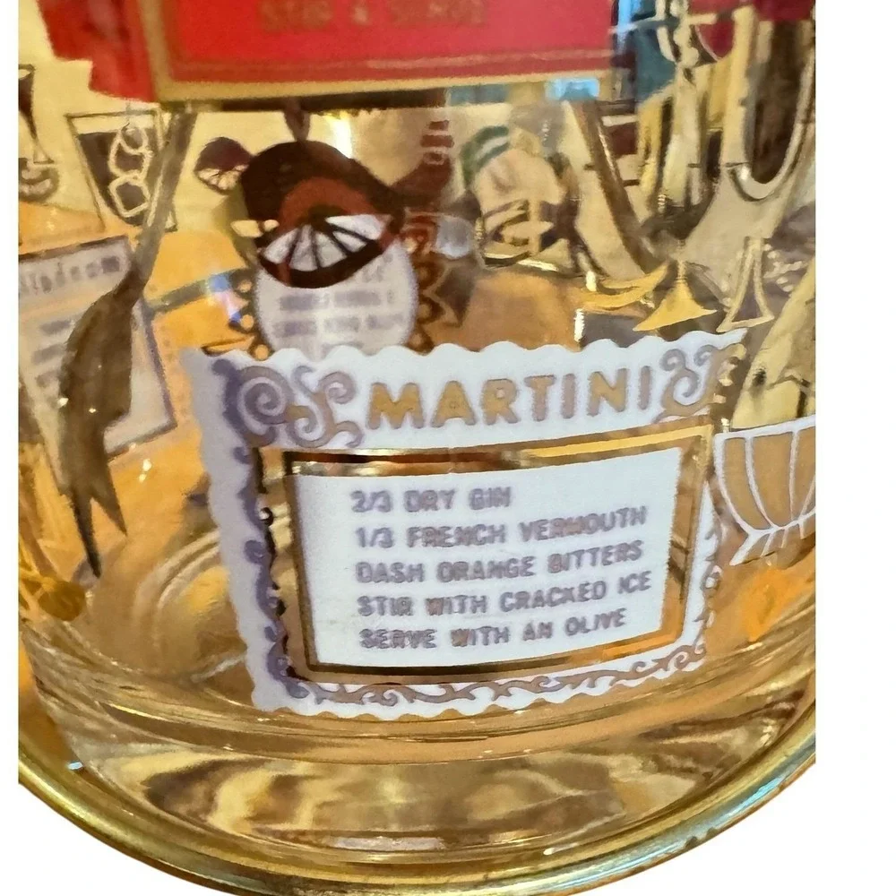 Vintage Jeannette MCM Glass Ice Bucket Gold Cocktail Recipes Brass Caddy & Tongs